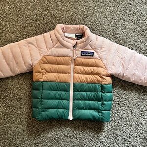 Patagonia Kids Puffer Jacket in Pink, Tan, and Green